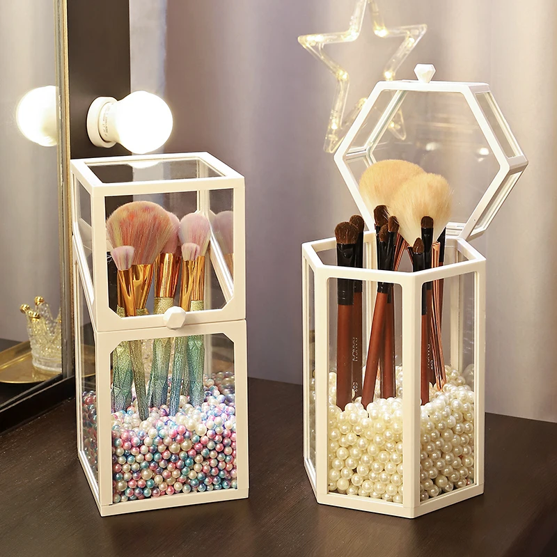 

wholesale high-quality acrylic material glass whit pears Storage Box makeup organizer Makeup Brushes holder