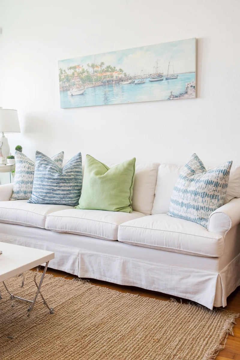 A cozy coastal-themed living room with family-friendly textiles