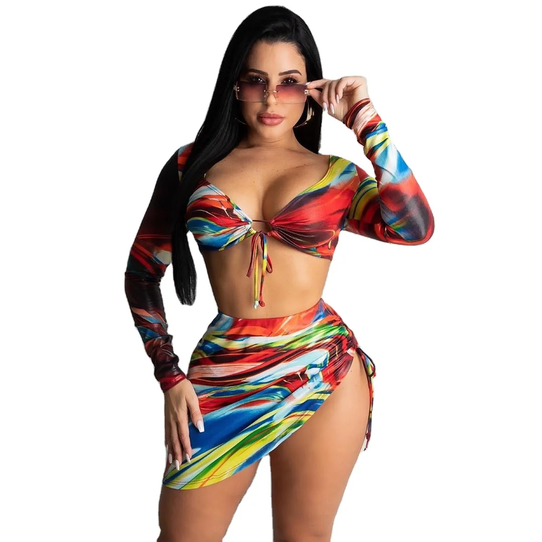 

202 Long Sleeve Bathing Suit Tie Dye Print Triangle Swimsuit Bikini Set with Cover Up Skirt for Women