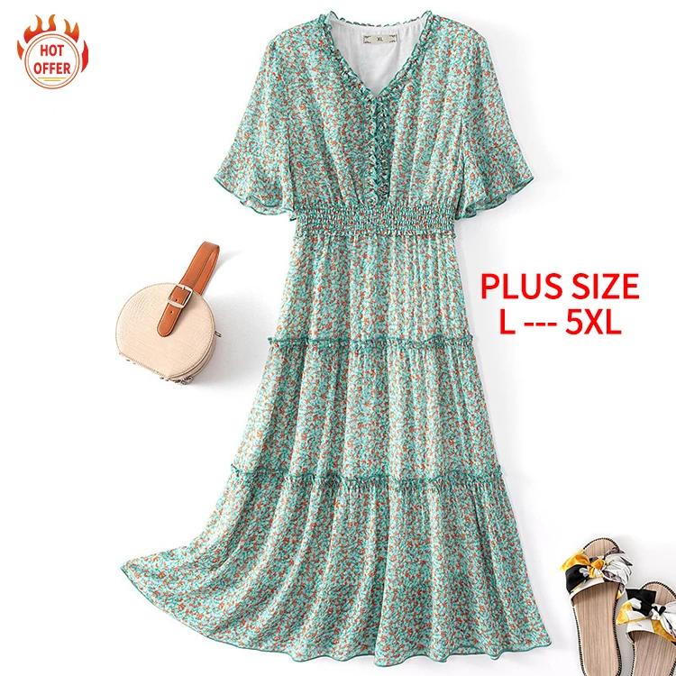 

New Products V-Neck Half Sleeve Stylish Sexy Elegant Chiffon Floral Midi Woman's Summer Casual Plus Size Dress, Green