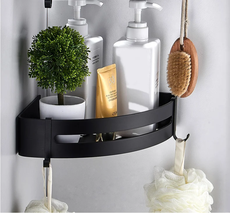 Space Aluminum Wall Mount Shower Shelf Bathroom Corner Shelf With Hooks Shower Corner Shelf