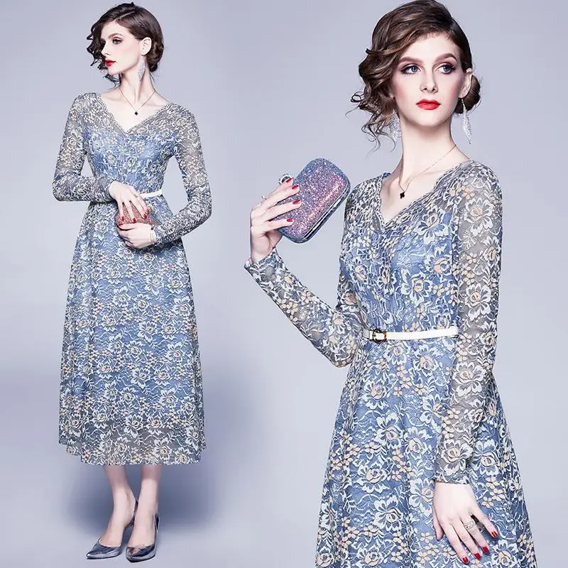 

MINMIN in stock guangzhou manufacturer custom high end lace sexy v neck long sleeve high fashion ladies casual dresses sexy, Blue