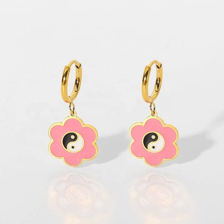 

Pink Flower Yin Yang Symbol Inside 18K Gold Plated Stainless Steel Pendant Drop Earrings