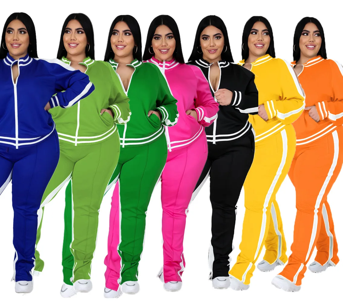 

Two Piece Women Sport Striped Clothing Custom Logo Hoodie Set 2 pc Crop Top Tracksuit And Jogging Pant Sets, Pink,orange,black,fuchsia,blue,green,light green
