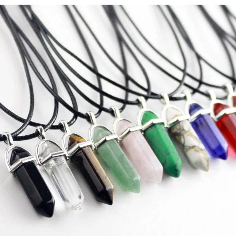 

Natural Stone Pendants Charms Necklace Hexagonal Point Healing Reiki 7 Chakra Pencil Pendant ONLY, Pink green blue etc