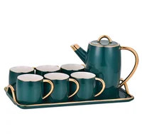 

High Quality Emerald Green Ceramic Coffee Tea Set Wtih Tray Nordic Design Royal Porcelain Tea Cup Set With Gold Rim For 6 Person