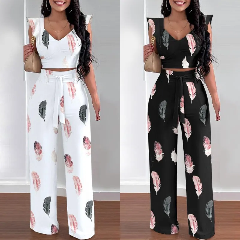 

S-XXL New Feather Print V-Neck Ruffle Strap Top with High Waist Wide Leg Trouser Set Casual set of 2 pieces