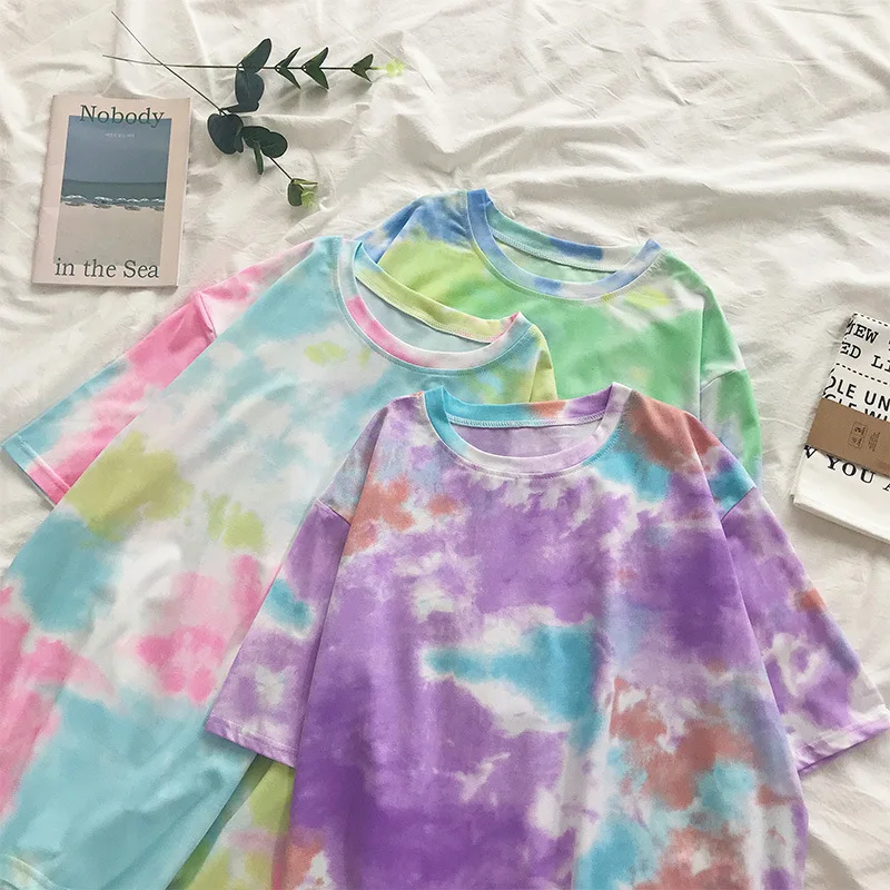 

New Arrival Tie-dye Gradient Clothes Teen Girls Stylish Short-Sleeved T-shirt Half Sleeve Loose Cotton Women Tie Dye T-shirt, As picture