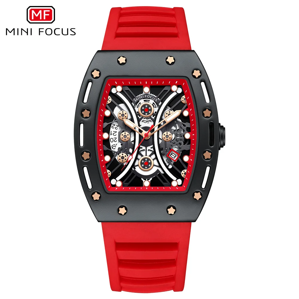 

Reloj Mini Focus Fashion Mens Watches MF0420G with Timepieces Square Case Silicone Band Luminous Skeleton Casual Wristwatch