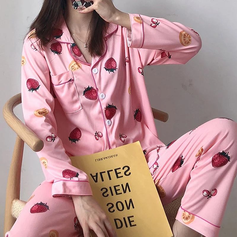 

Women's Cute Pajamas Set Two Pieces Pajamas Long Sleeve Lapel Collar Top Elastic Long Pants Home Clothes Women Sets