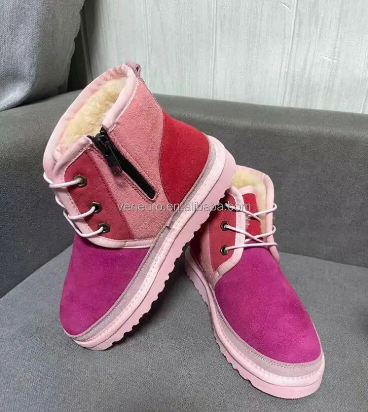 

Fashion colorful Leather Boots Winter Women Snow Boots Sheep fur lining Lacing Short Boots Women, Customized color