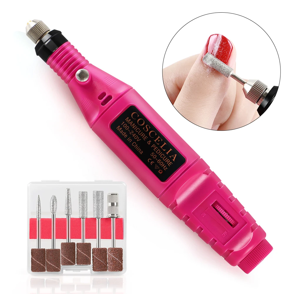 

COSCELIA Nail Art Electric Drill Machine Strong for Nail Salon Plastic 9W 20000 RPM 6pcs Nail Drill Bits High Speed, Rose red