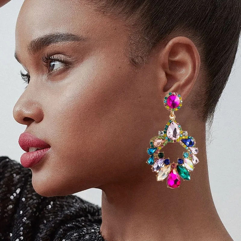

Geometric Color Rhinestone Earrings Alloy Large Dangle For Women, Colorful