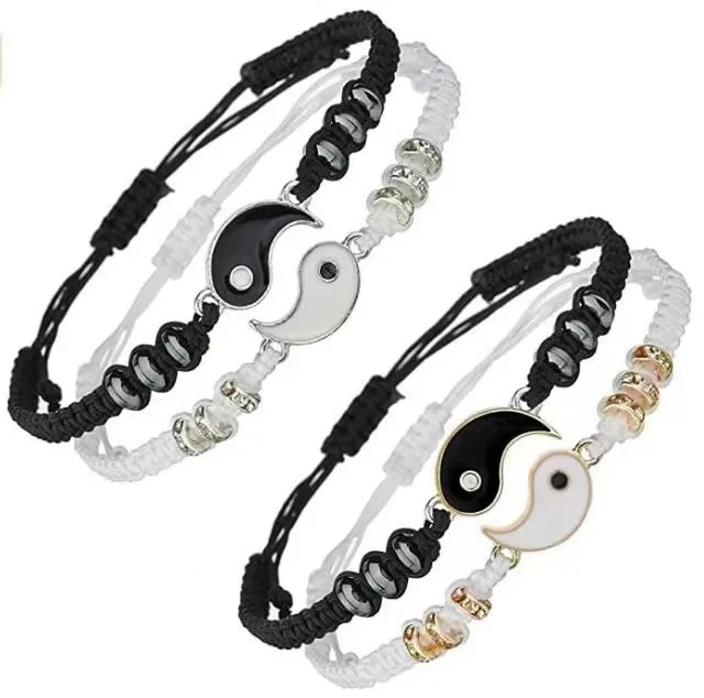 

New Trend Yin Yang Bracelets Necklaces Alloy Tai Chi Feng Shui Woven Bracelets Friendship Couple Hand Rope Gifts, 2 colors