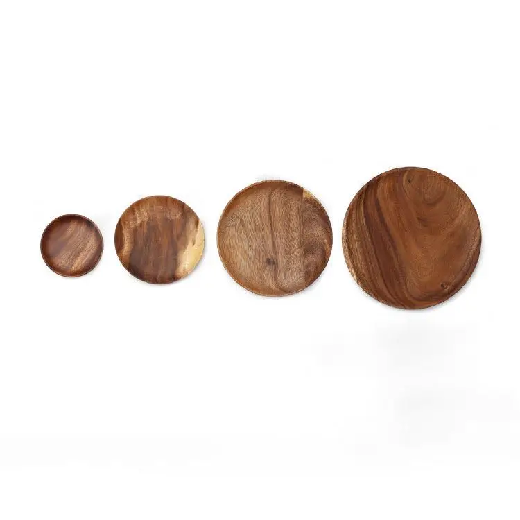 

Home Kitchen Dinnerware Eco Friendly Wholesale Round Tray Dinner Plate Dessert Tea Art Plate Acacia Wooden Dish, Wood color