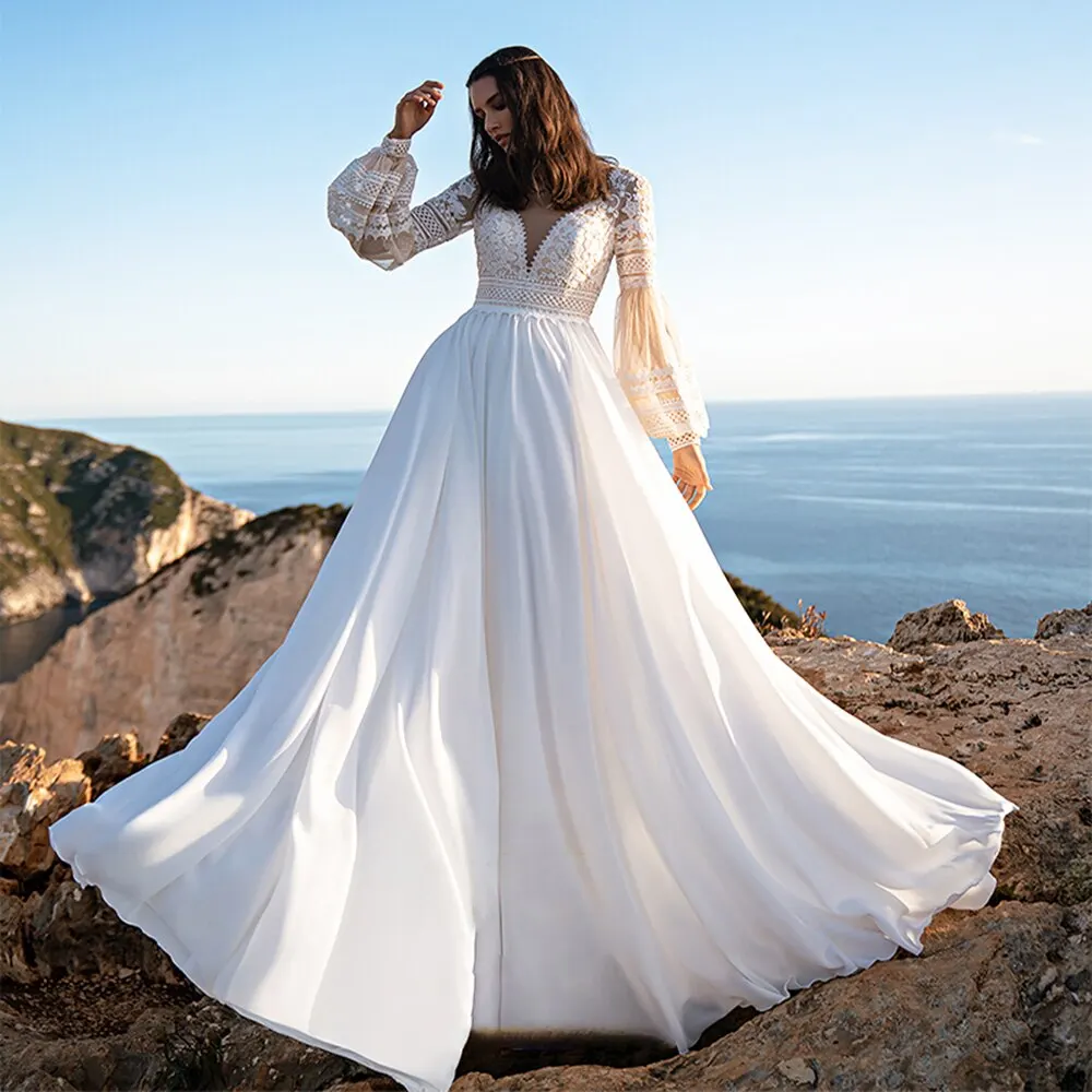 

13172#Boho Sexy V-Neck Beach Bohemian A-Line Backless Puff Sleeves Chiffon Princess Lace Applique Wedding Dress Bridal Gown