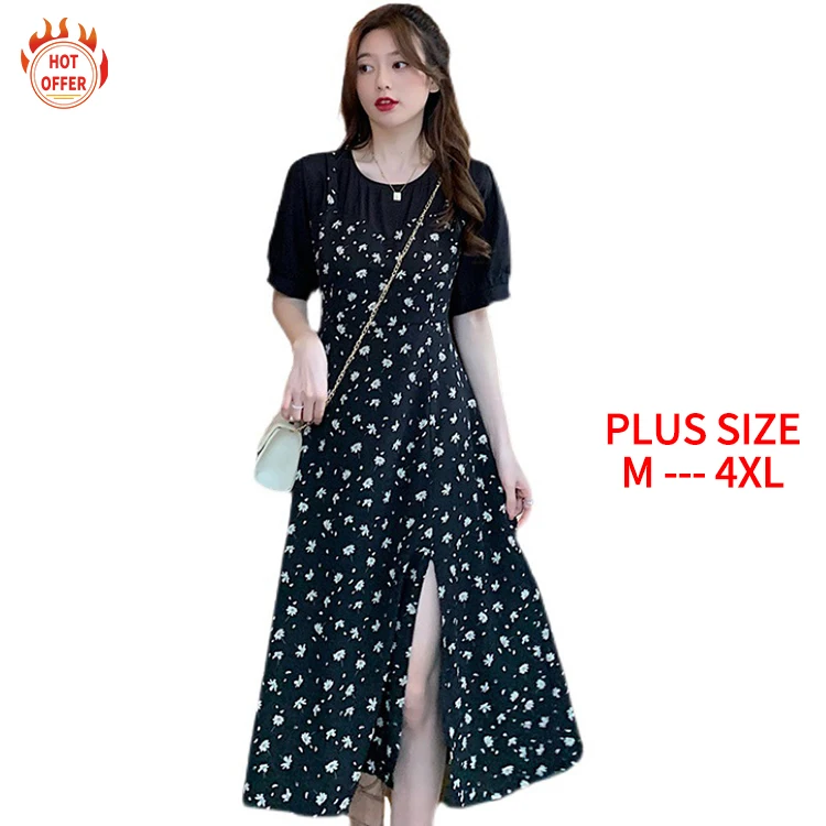 

New Products Round Neck Short Sleeve Stylish Sexy Elegant Chiffon Floral Midi Woman's Summer Casual Plus Size Dress, Black