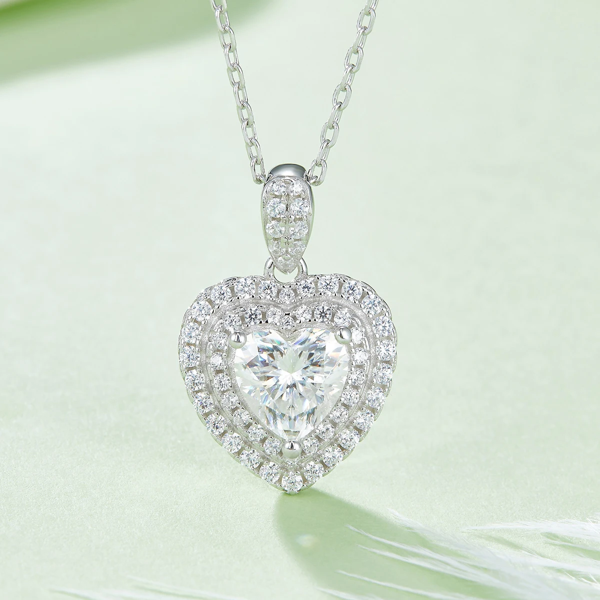

O93 Abiding Jewelry Heart Shape 1CT Moissanite Diamond Stone 925 Sterling Silver Double Halo Pendant Necklace