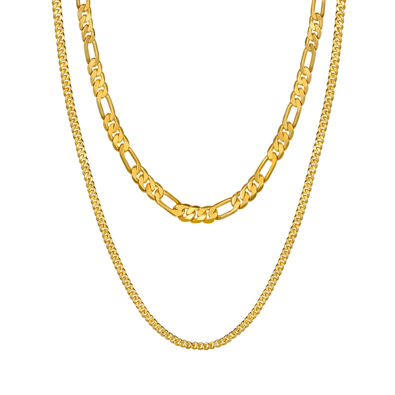 

18K Gold Plated Figaro Curb Link Chain Jewelry Hip Hop Cuban Chain Necklace Double Layers for Men Designs, Picture shows