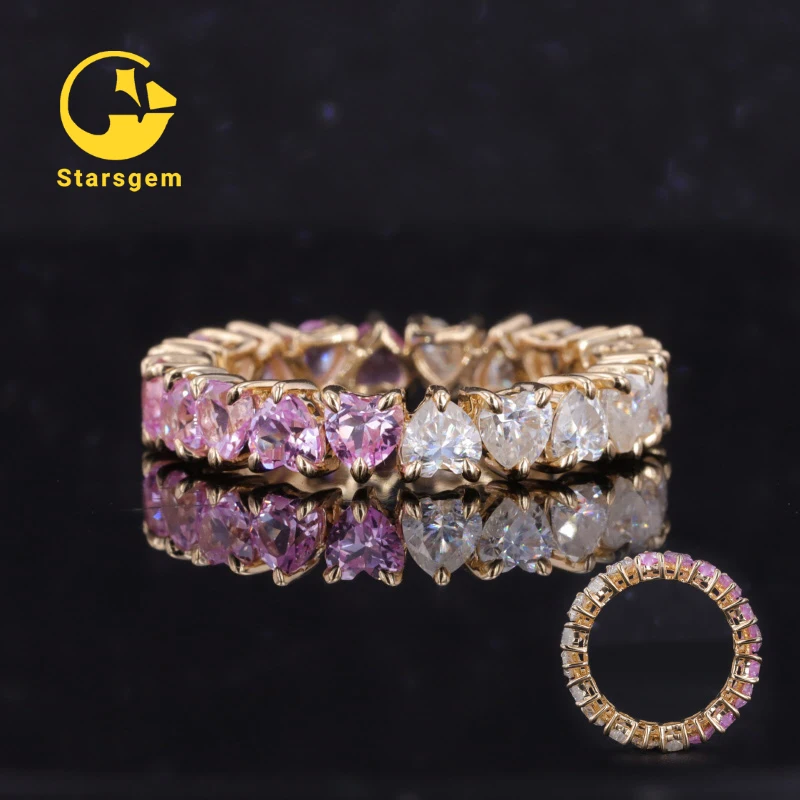 

Starsgem customize 14k solid gold heart shape white moissanite and pink sapphire diamond wedding ring