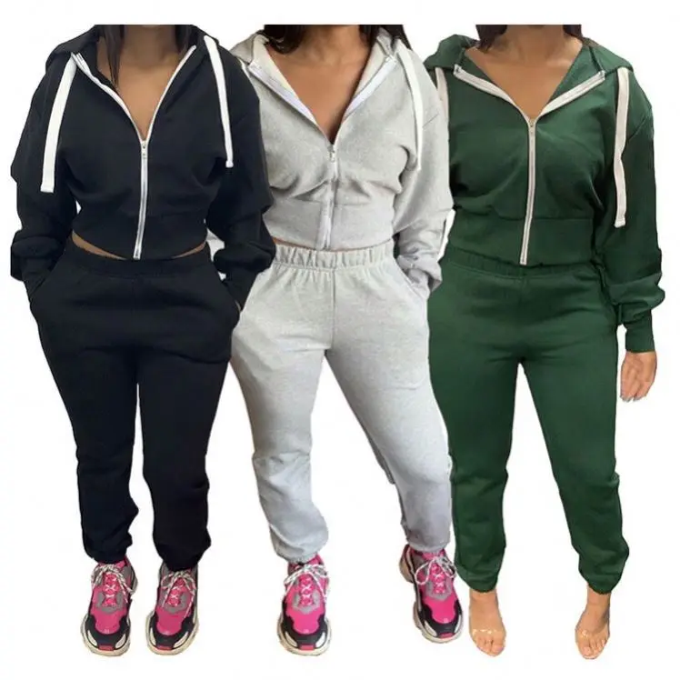 

TINA Trendy 2021 Solid Color Zipper Hoodie Loose Casual Two Piece Sport Set Active Wear Set