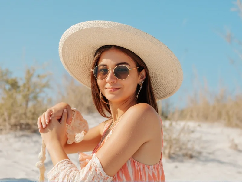 Woman wearing sun protective clothing and hat