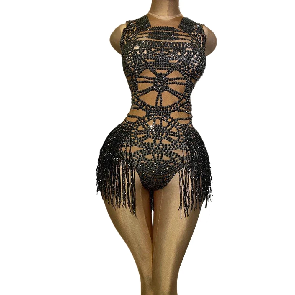 

Sexy Tight Fitting Crystal Tassel Nude Dancer Bodysuit Women Sleeveless Elastic Rhinestone Leotard