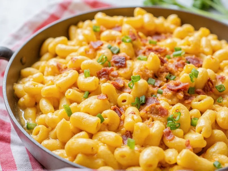 Homemade stovetop mac and cheese with bacon and chives topping