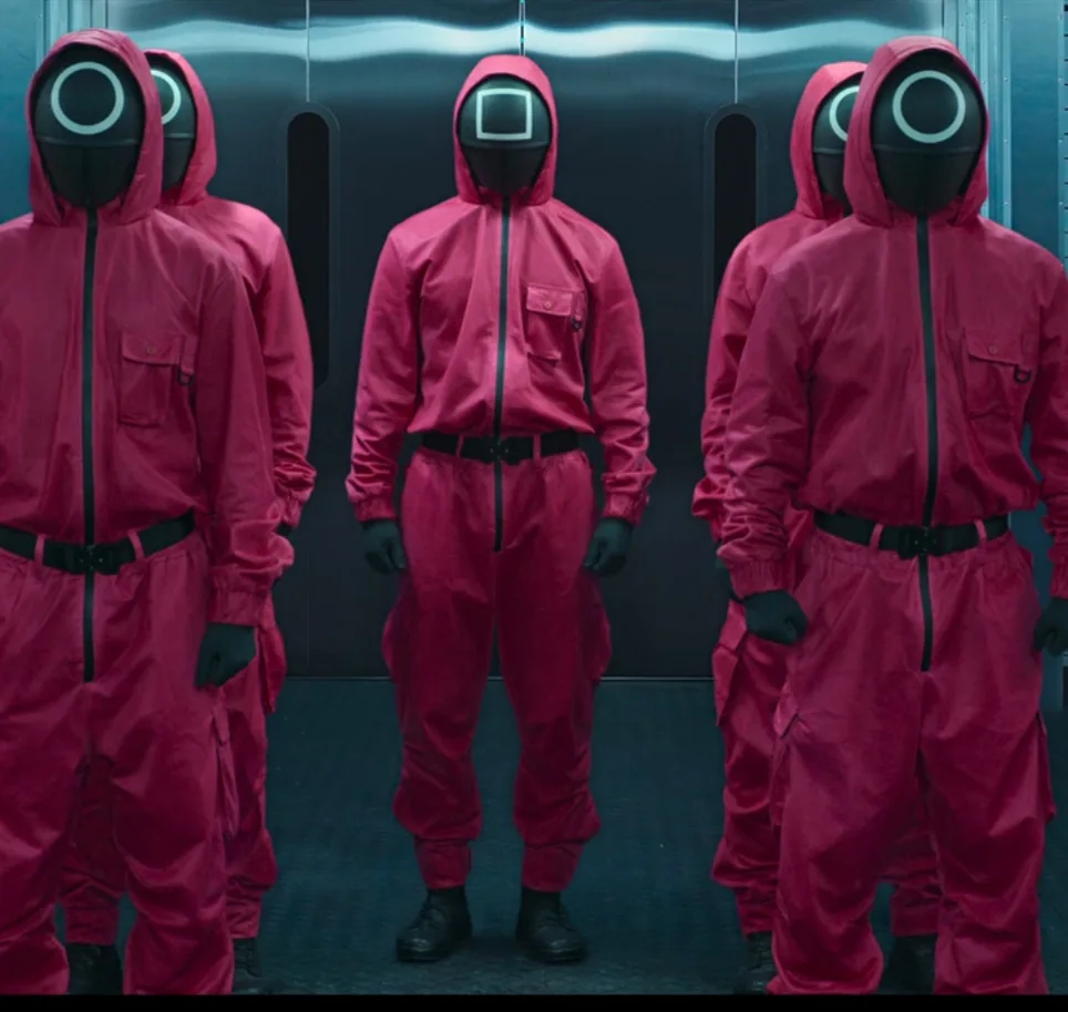 

New Korean Drama Halloween Christmas Horror Red Hoodies Jumpsuits Party Mask Set Squid Game Costume For Adult and kids, As picture