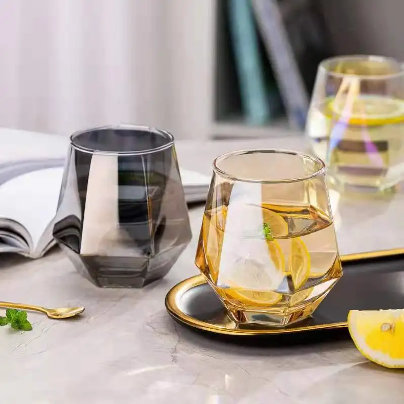 

Creative Diamond Crystal Gold Rim Glass Cup Whisky Cup Home Hexagonal Drinking Glass Cup