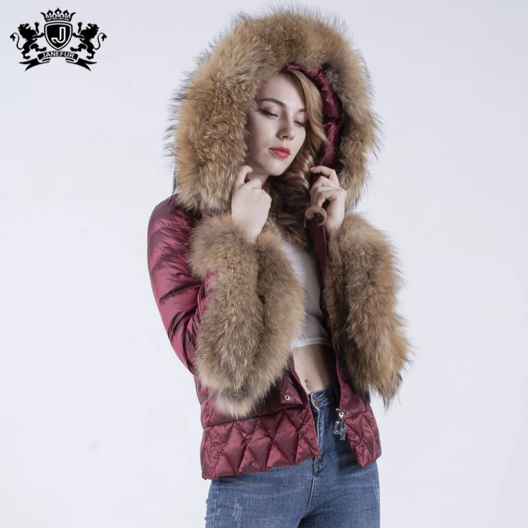 

Winter women duck down coats with fur hood raccoon fur collar
