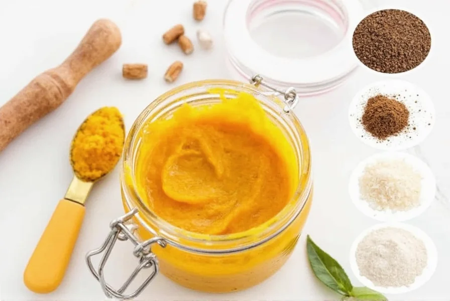 Golden paste mixture for dogs showing turmeric, black pepper, and coconut oil combined in a jar with measuring spoon