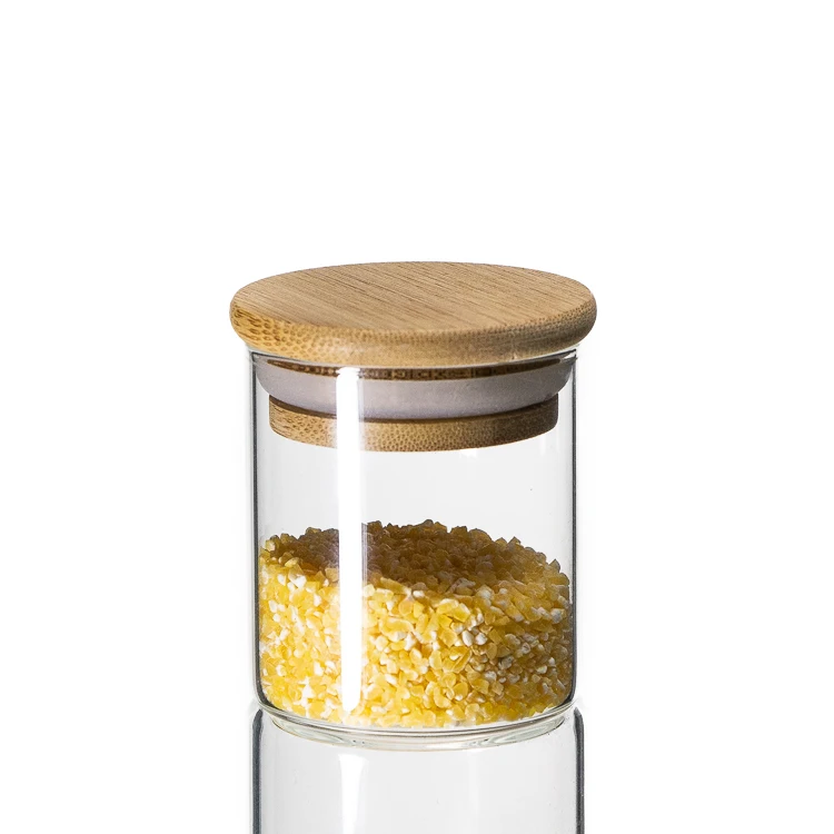 

Glass Material Eco-Friendly Feature borosilicate glass storage jar with bamboo press lid