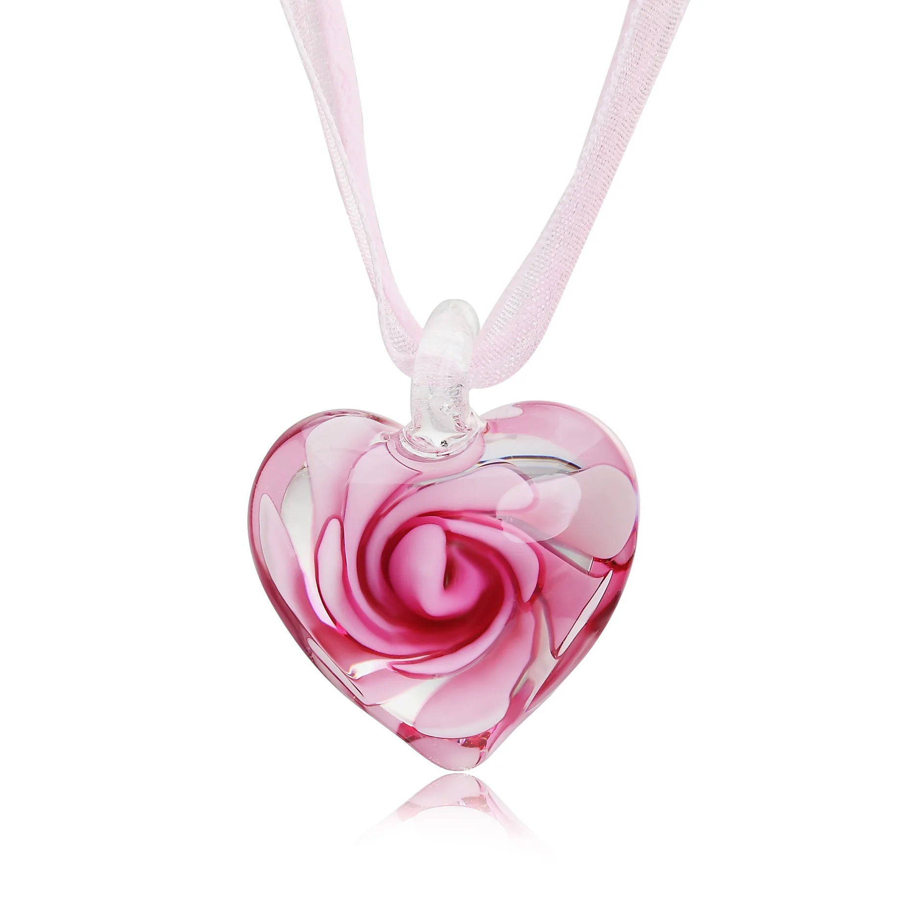 

Cute Lampwork Glass Jewelry for Women Black Pink Organza Rope Chain Peony Flower Glass Pendant Necklace, Silver