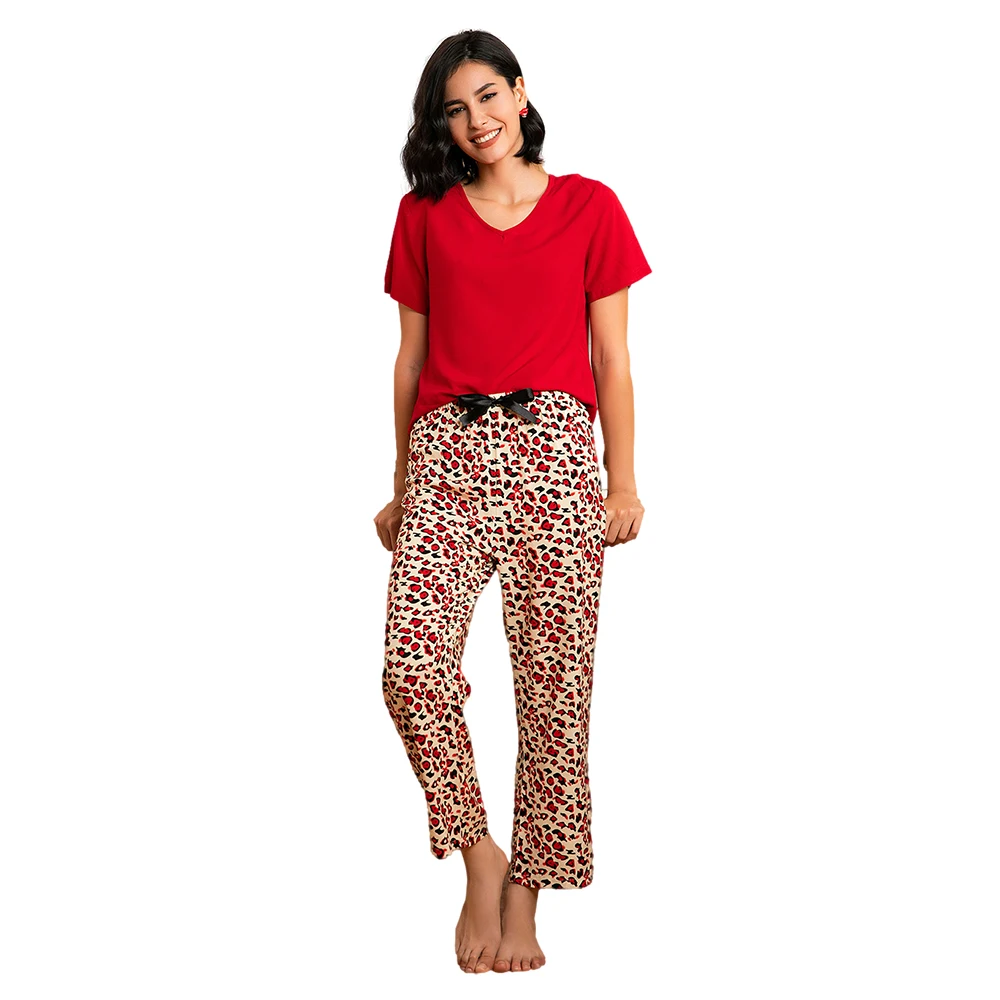 

2021 100% rayon cotton red leopard night sleep wear clothes girls pjs sets 2pcs cute women pyjama top and trouser ladies pajamas
