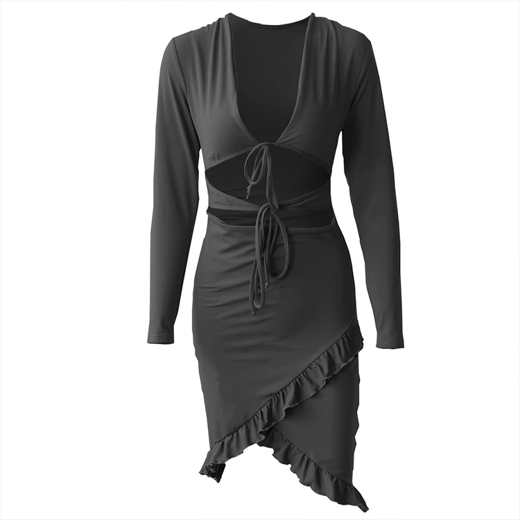 

Amazon Hot Selling Long Sleeve Women Dress v Neck Hollow Ruffle Hip Bandage Dresses, As picture