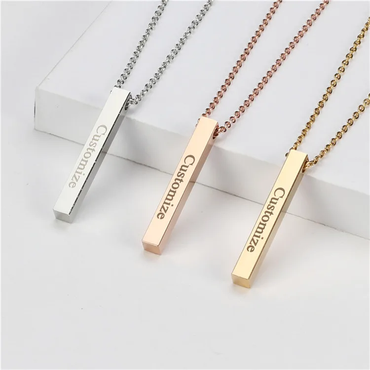 

Four Sides Engraving Personalized Square Bar Custom Name Stainless Steel Pendant Necklace Women/Men Gift MNE180014