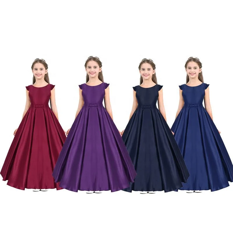 

Satin Ruffled Sleeves Bowknot Flower Formal Dress Princess Pageant Wedding Bridesmaid Party Dress For Girl