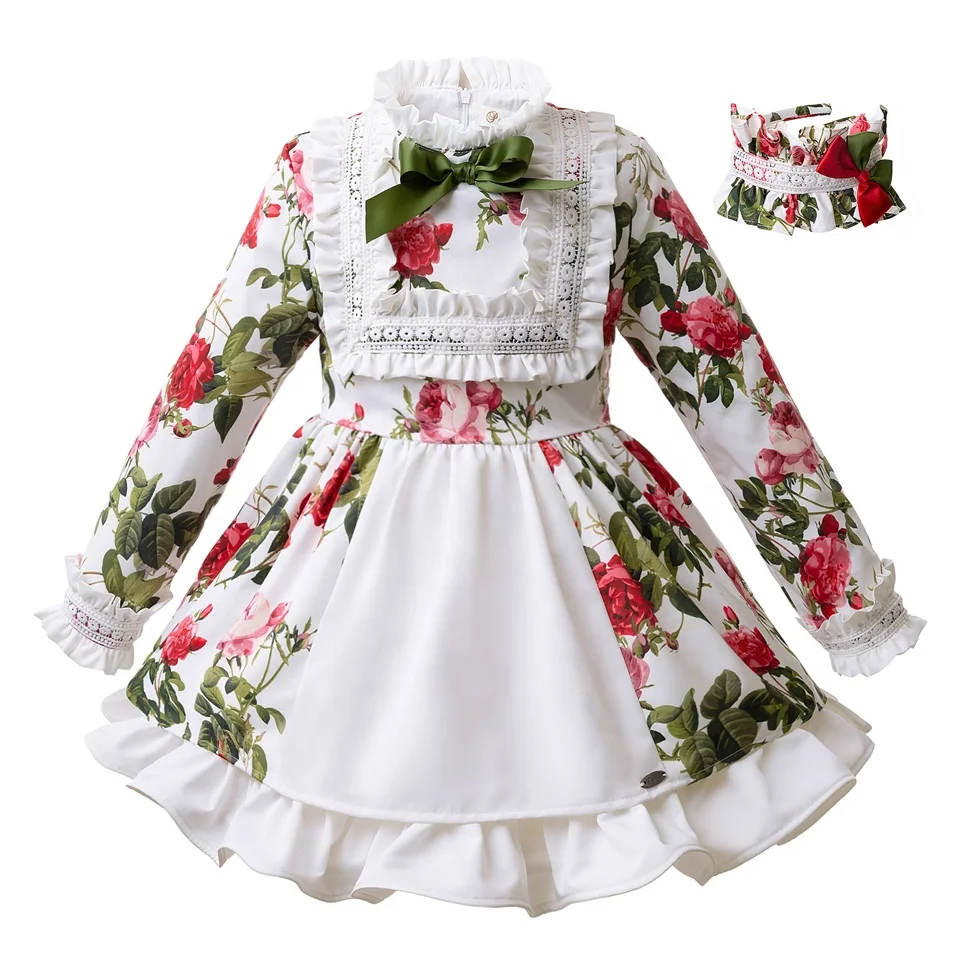 

Pettigirl Flower Girls Autumn Party Dresses Floral With Hairband Dresses For Little Kids, White