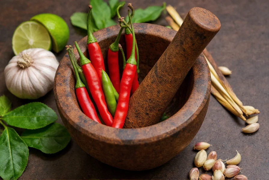Traditional Thai mortar and pestle with red and green bird's eye chilies, garlic, and lime leaves for making nam prik