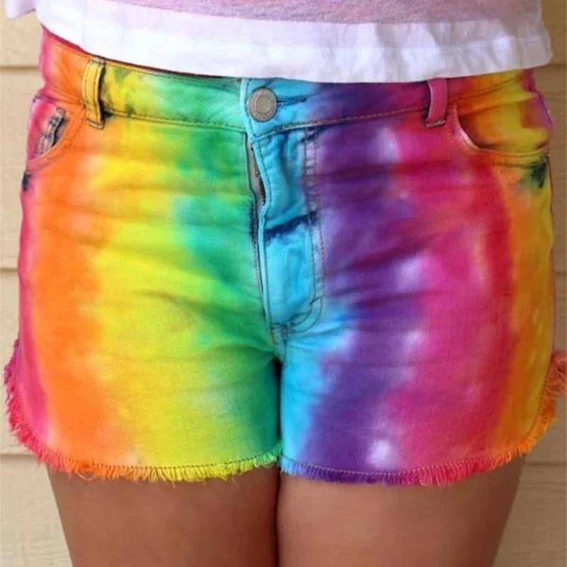 

Rainbow Bright Color Colorful Ripped Jeans Women's Straight Slim Shorts, Picture