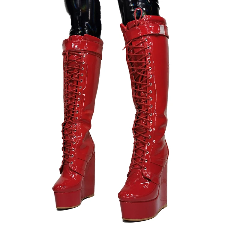 

Women Shiny Knee Boots Wedges High Heel Boots Women Shoes Round Toe Gorgeous Red Club Wear Fall Shoes Boot Women