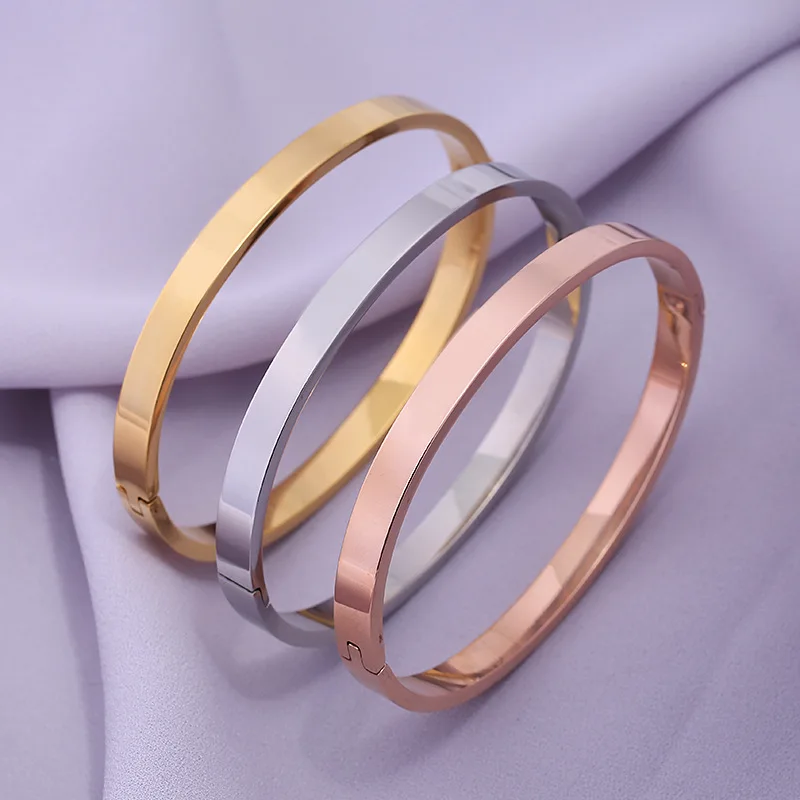 

Hot selling smooth surface clasp stainless steel bracelet 6mm versatile lovers open Oval Bracelet, Gold/rose gold/stainless steel color