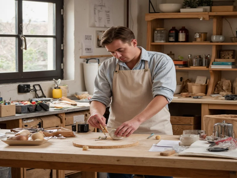 Modern maker workshop with sustainable materials and hand tools