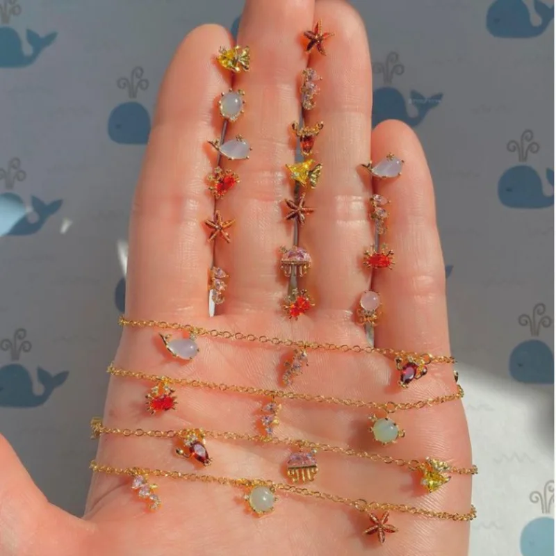 

Summer Ins Real 18K Gold Plated Chain Ankle Bracelets For Women Zircon Sea Animals Copper Bracelet, Picture shows