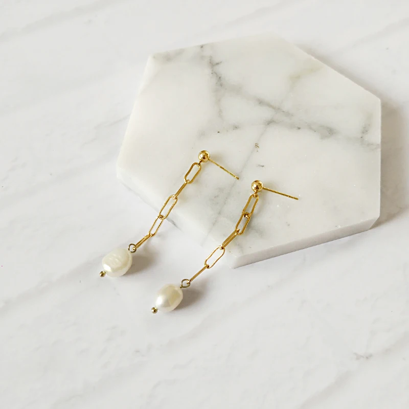 

Gold Chain Dangle Pearl Earrings for Women Natural Freshwater Pearl Drop Earrings Delicate Jewelry