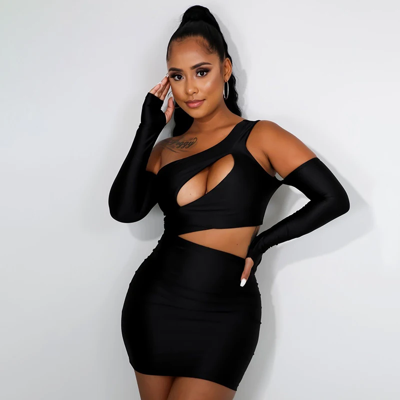 

Hot sale New Sexy one Shoulder dress with Sleeve Finger Covers solid color sleeveless summer cut out mini dresses