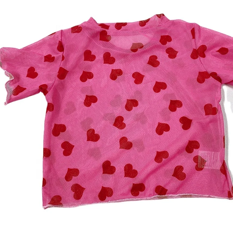 

2021 baby girls valentine polyester cute heart print crochet lace top shirts