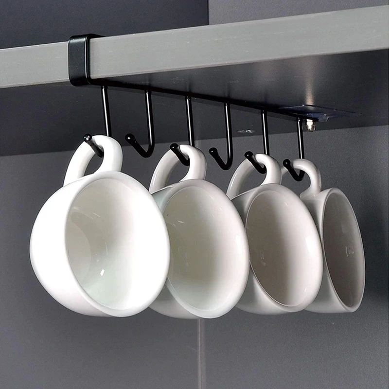 

Kitchen Cabinet 6 Hooks Hanging Cup Holder Metal Iron Under Shelf Coffee Mug Rack