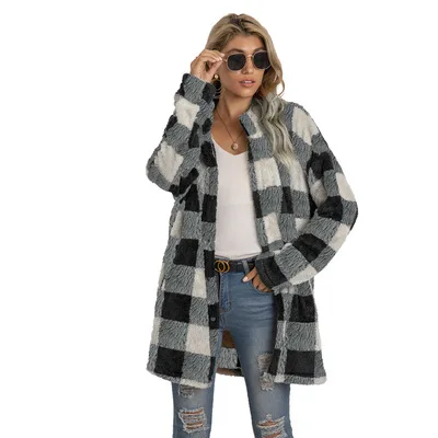 

Fashion Thick Brown Trench Plaid Flannel Shirt Print Wool Winter Size Casual Women's long coat, Picture color